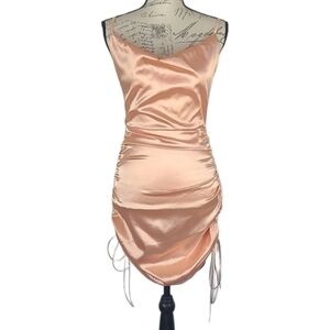 Ruched Satin Sleeveless Cami Dress in Sweet Peach, Size Small